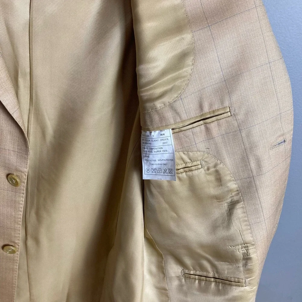Baroni‎ Couture Sport Coat  Size 38R Tan Camel Plaid Wool Blazer light neutrals